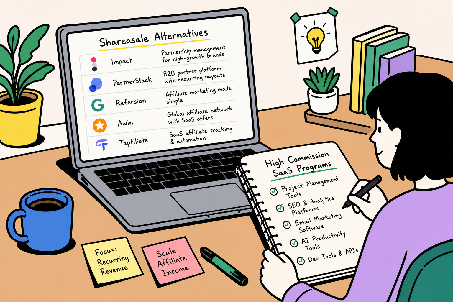 Editorial illustration of software partner dashboards and recurring revenue commission charts on a clean workspace desk.