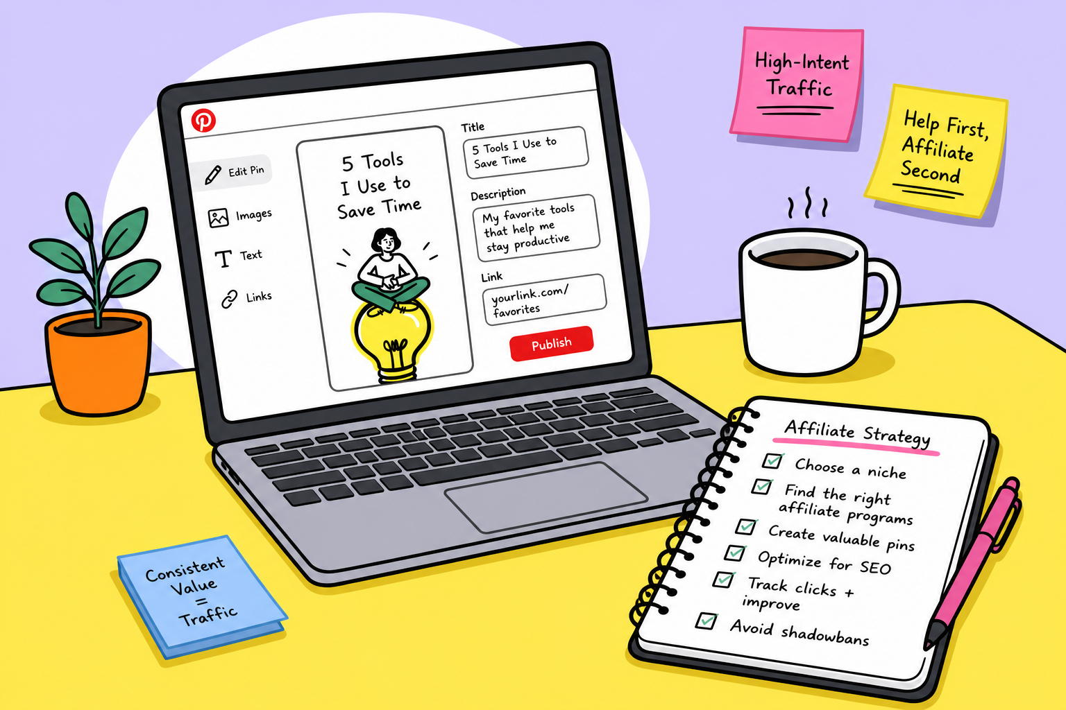 A structured whiteboard mapping out a Pinterest affiliate marketing strategy with post-it notes and connecting arrows.