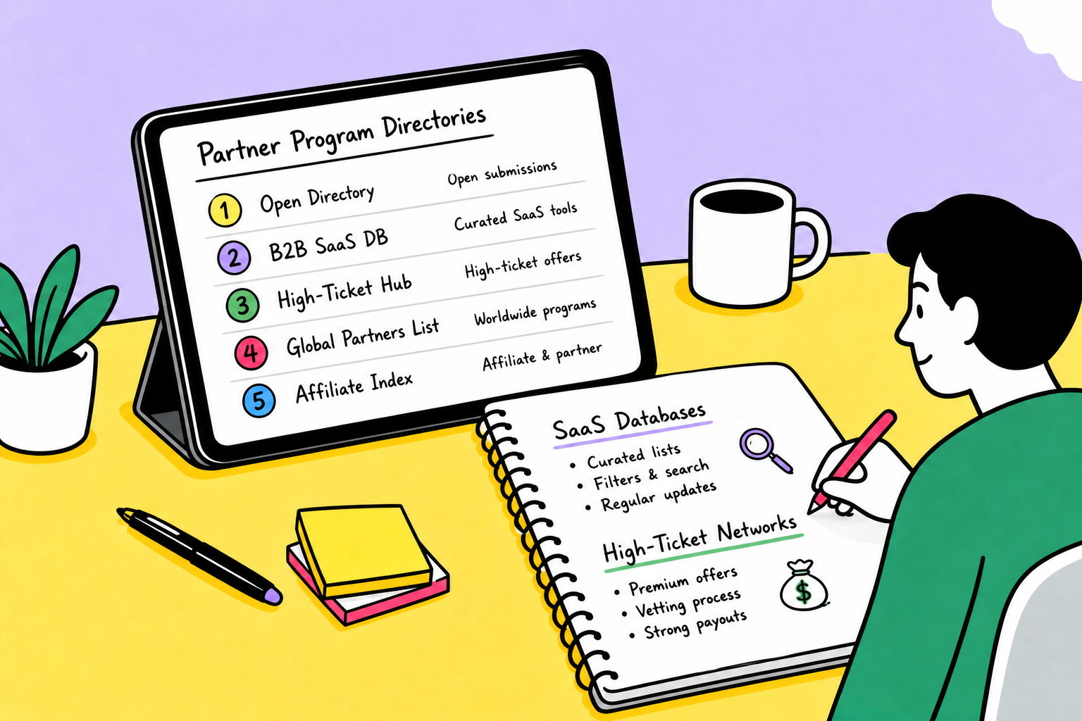 A comparative workspace board listing partner program directories and affiliate databases.