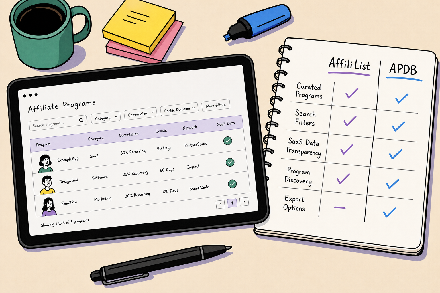Editorial sketch comparing curated affiliate directory cards against a sprawling database registry.