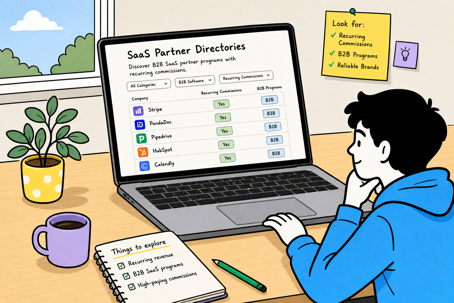 Editorial illustration showing a modern SaaS affiliate directory workflow with digital tool icons and revenue charts