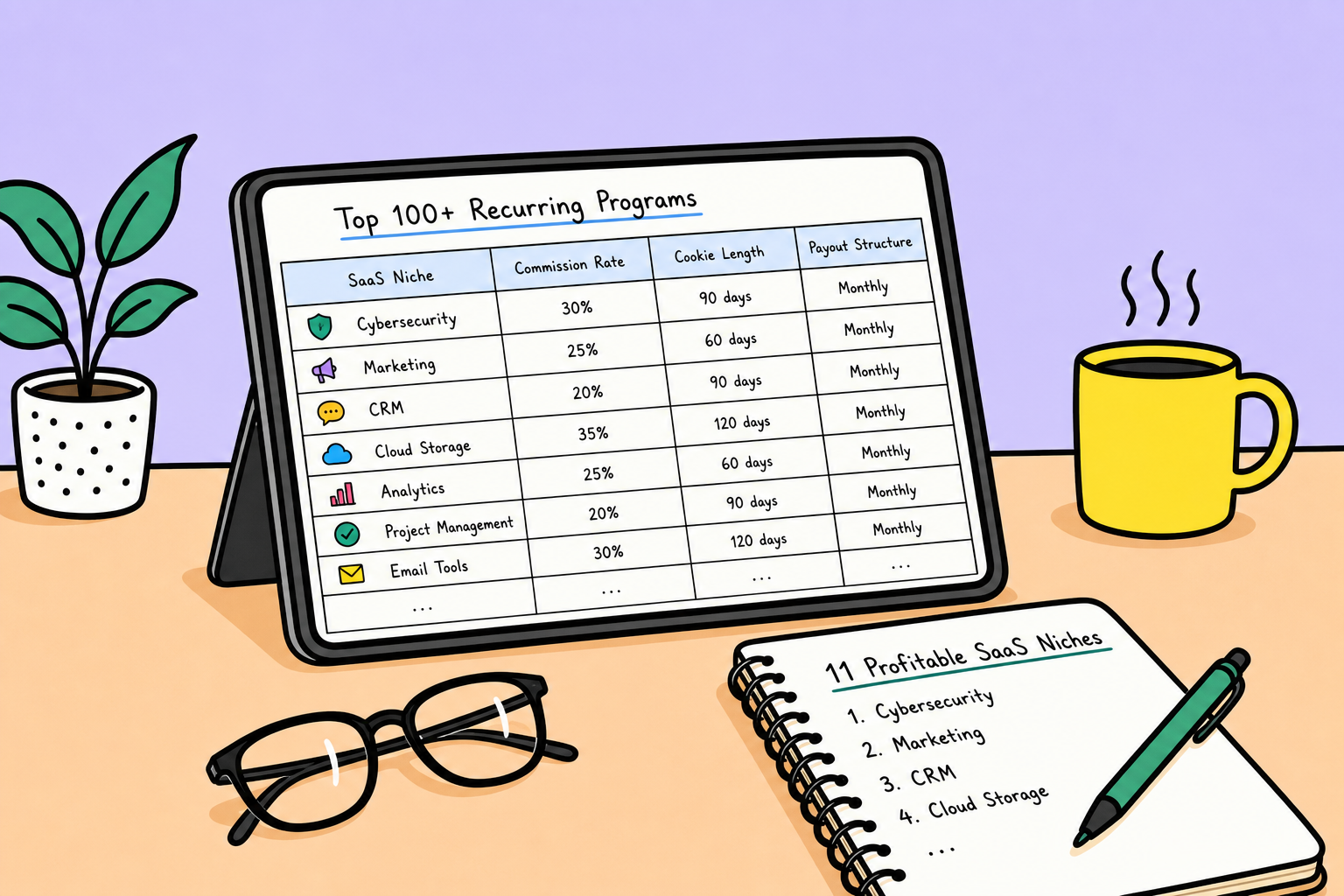 Editorial sketch illustration showing monthly recurring affiliate commission growth and SaaS software icons.