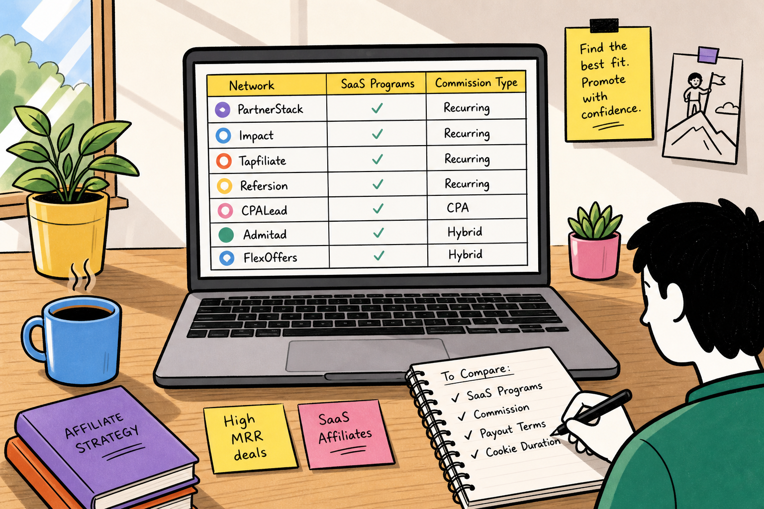 A bold sketchy illustration of software icons, search filters, and recurring commission symbols for finding affiliate programs.