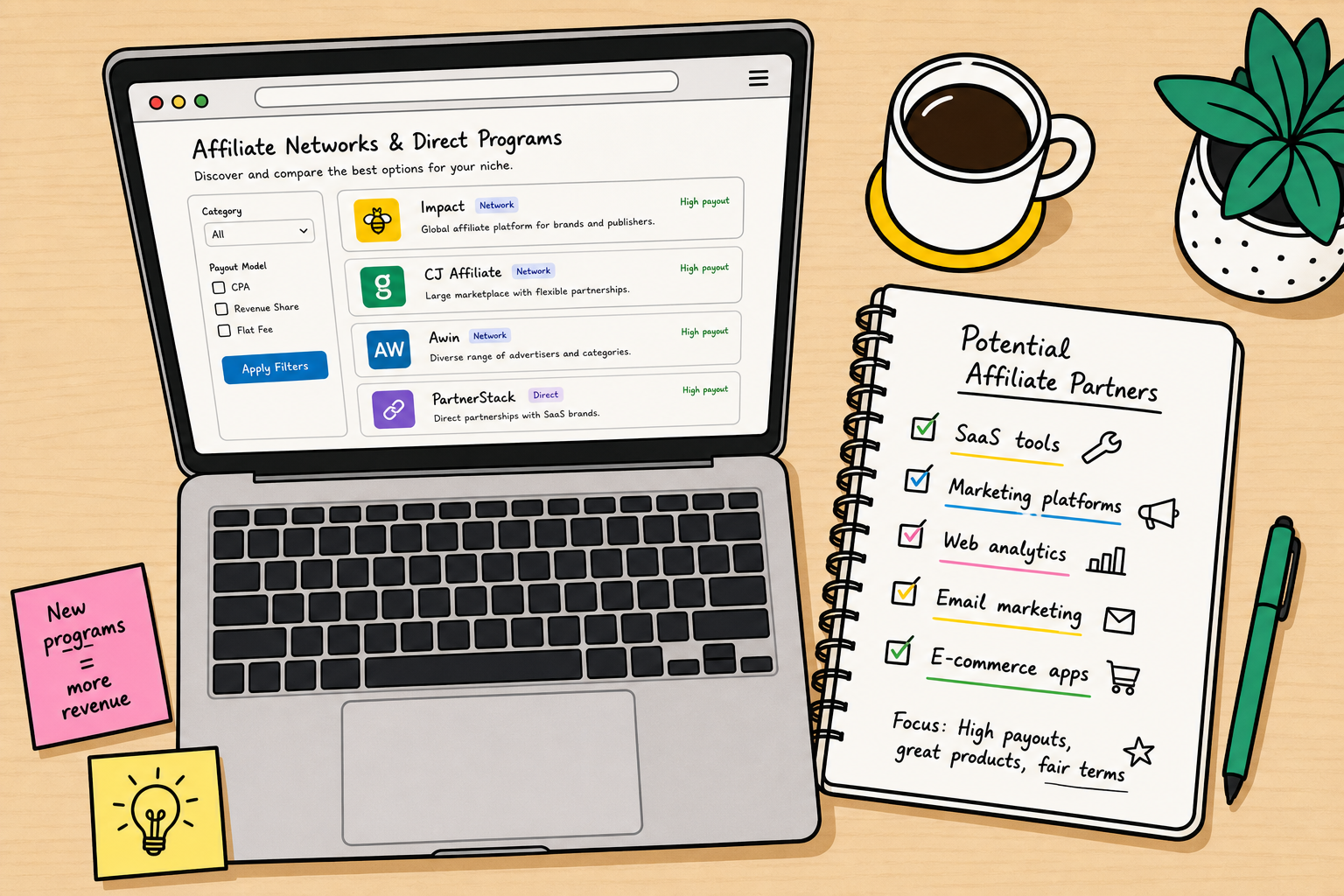 Editorial sketch comparing modern affiliate directories, B2B networks, and direct partner programs.