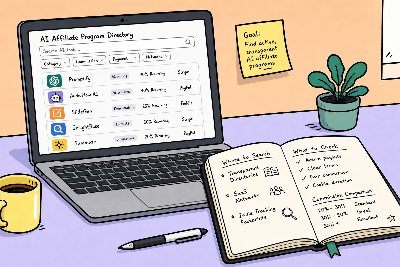 Sketch-style editorial illustration of a marketer evaluating verified AI software affiliate programs.