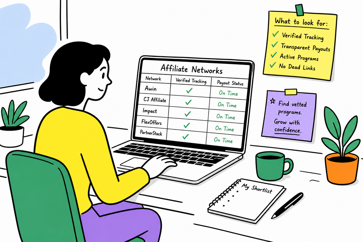 Editorial sketch showing an affiliate marketer evaluating modern, vetted affiliate networks and discovery platforms.