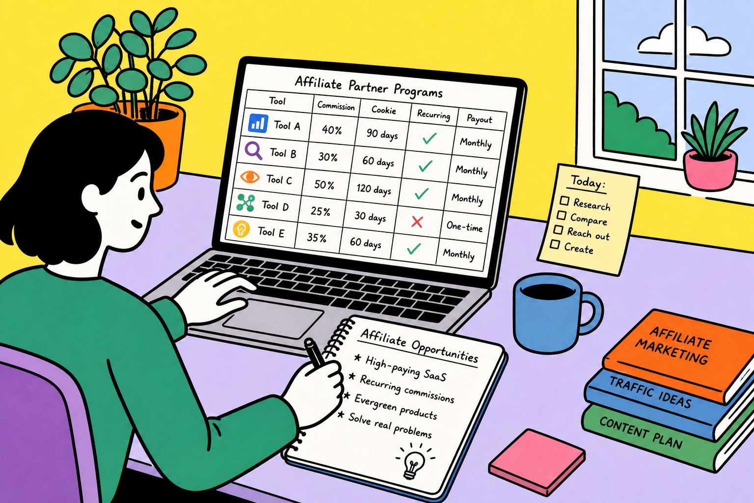 Sketchy pop-art illustration of a marketer using research tools to discover high-paying affiliate products.