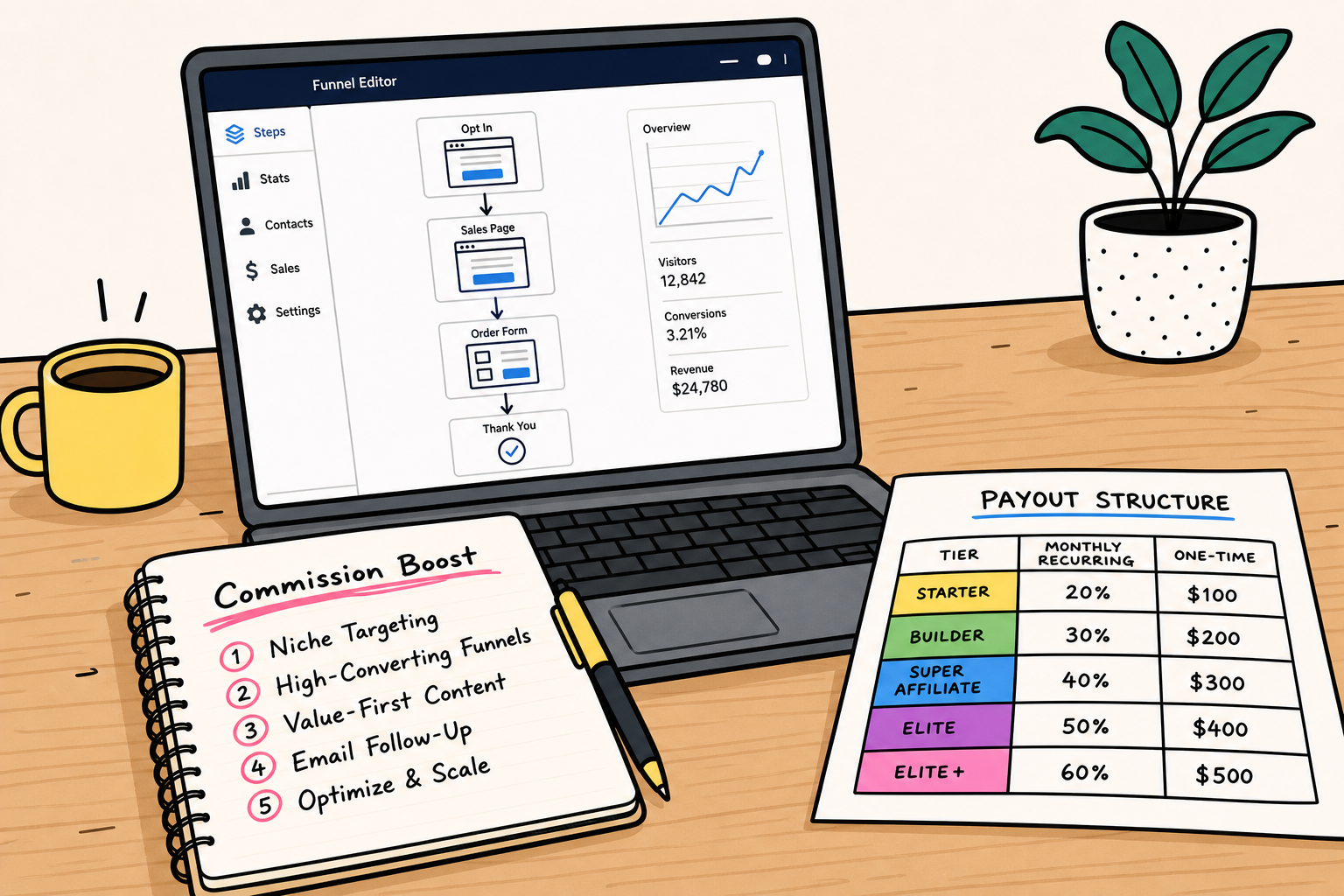 Illustration of affiliate marketing strategy, showing funnels and commission growth.