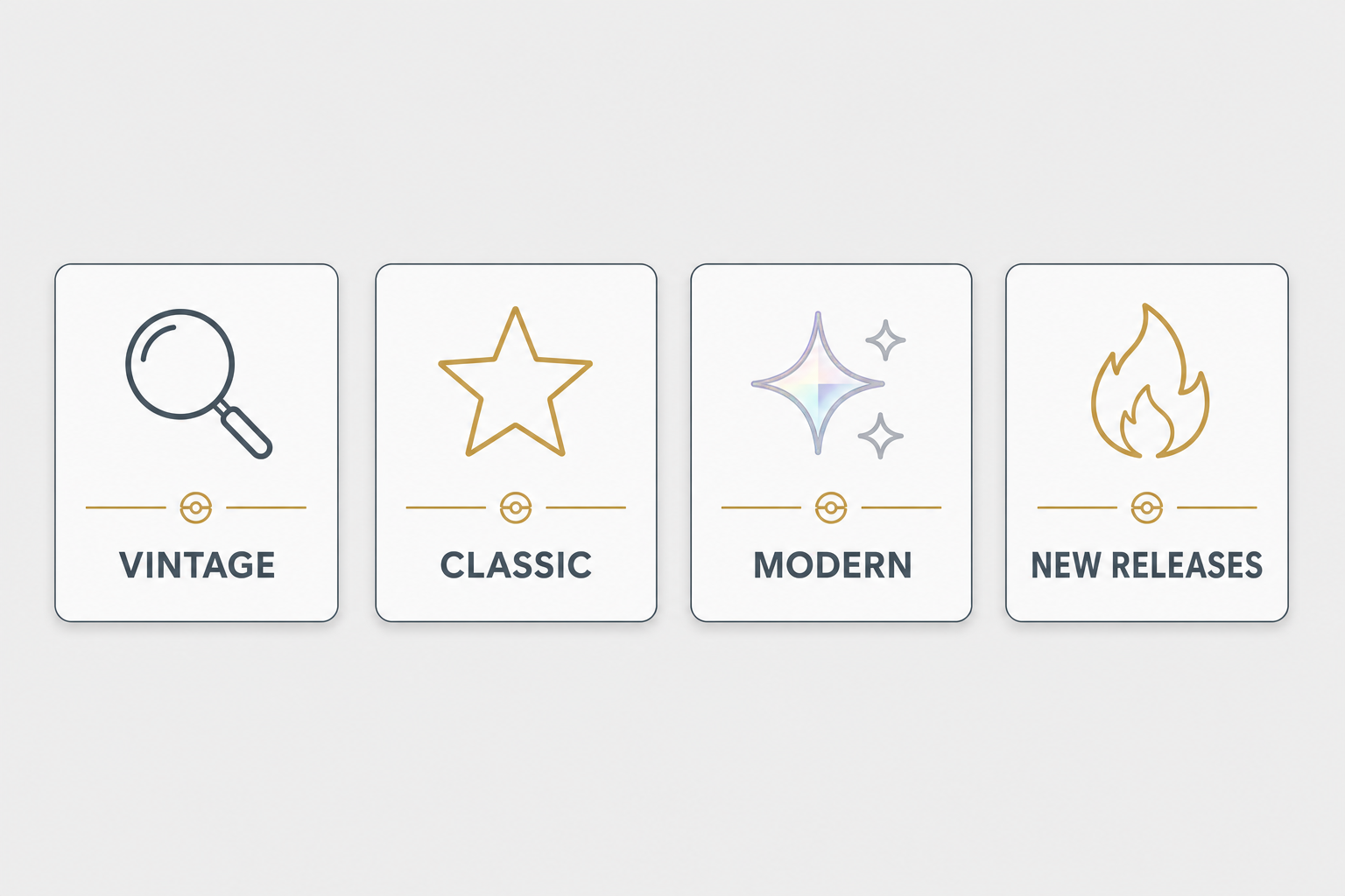 A clean, professional editorial infographic showing four categories for Pokemon card eras: Vintage, Classic, Modern, and New