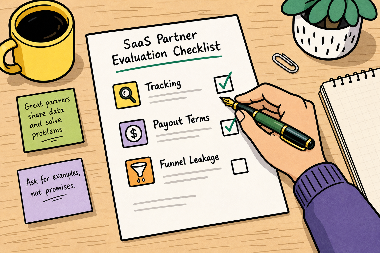 Checklist notepad with evaluation criteria for vetting SaaS affiliate partners next to an analytics chart.