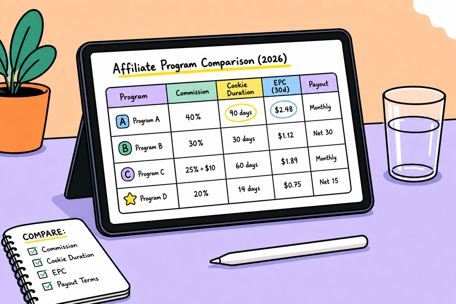A side-by-side comparison chart analyzing affiliate programs on a wooden desk