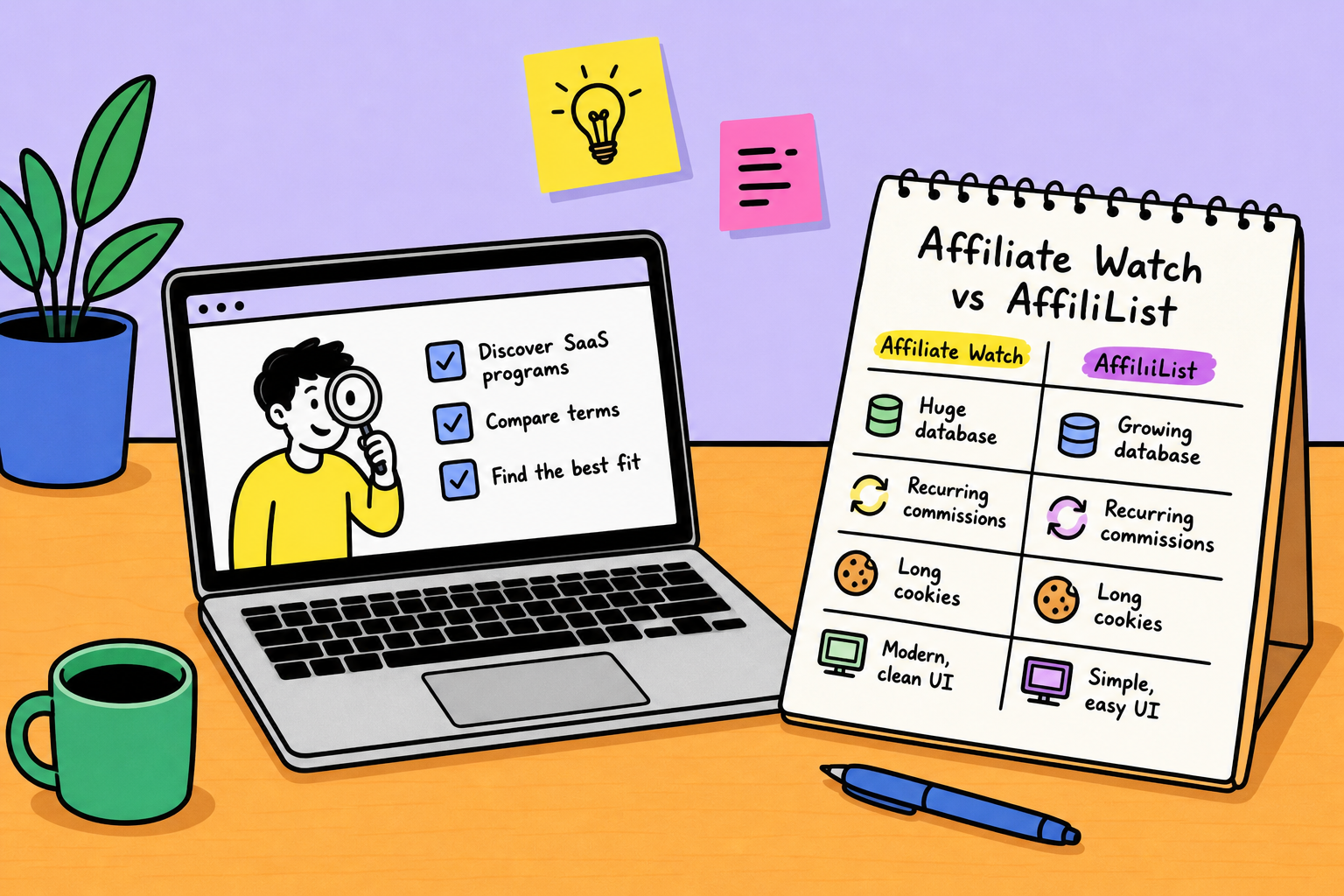 Editorial sketch showing a side-by-side comparison of two affiliate directories on a clean wooden desk.