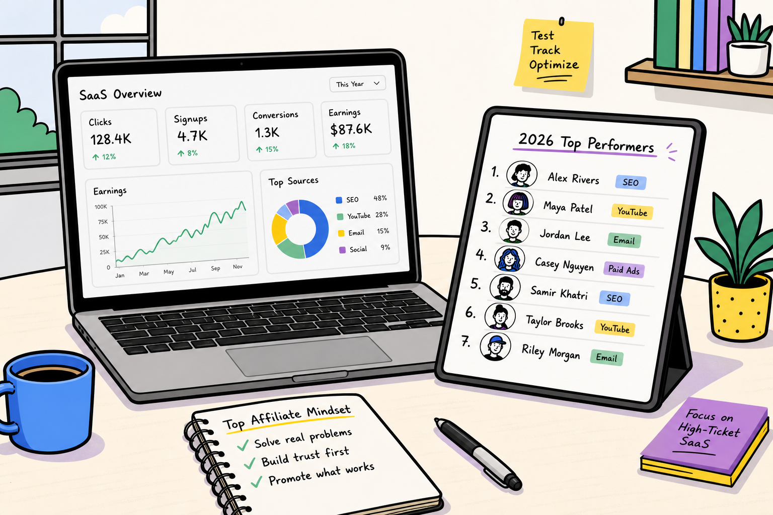 A desk with a laptop, notebooks, and analytical charts representing the workspace of a professional affiliate marketer.