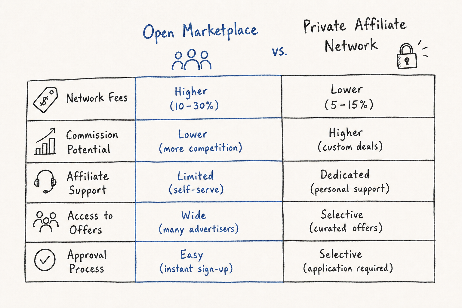 Comparison matrix of open marketplace versus private affiliate networks