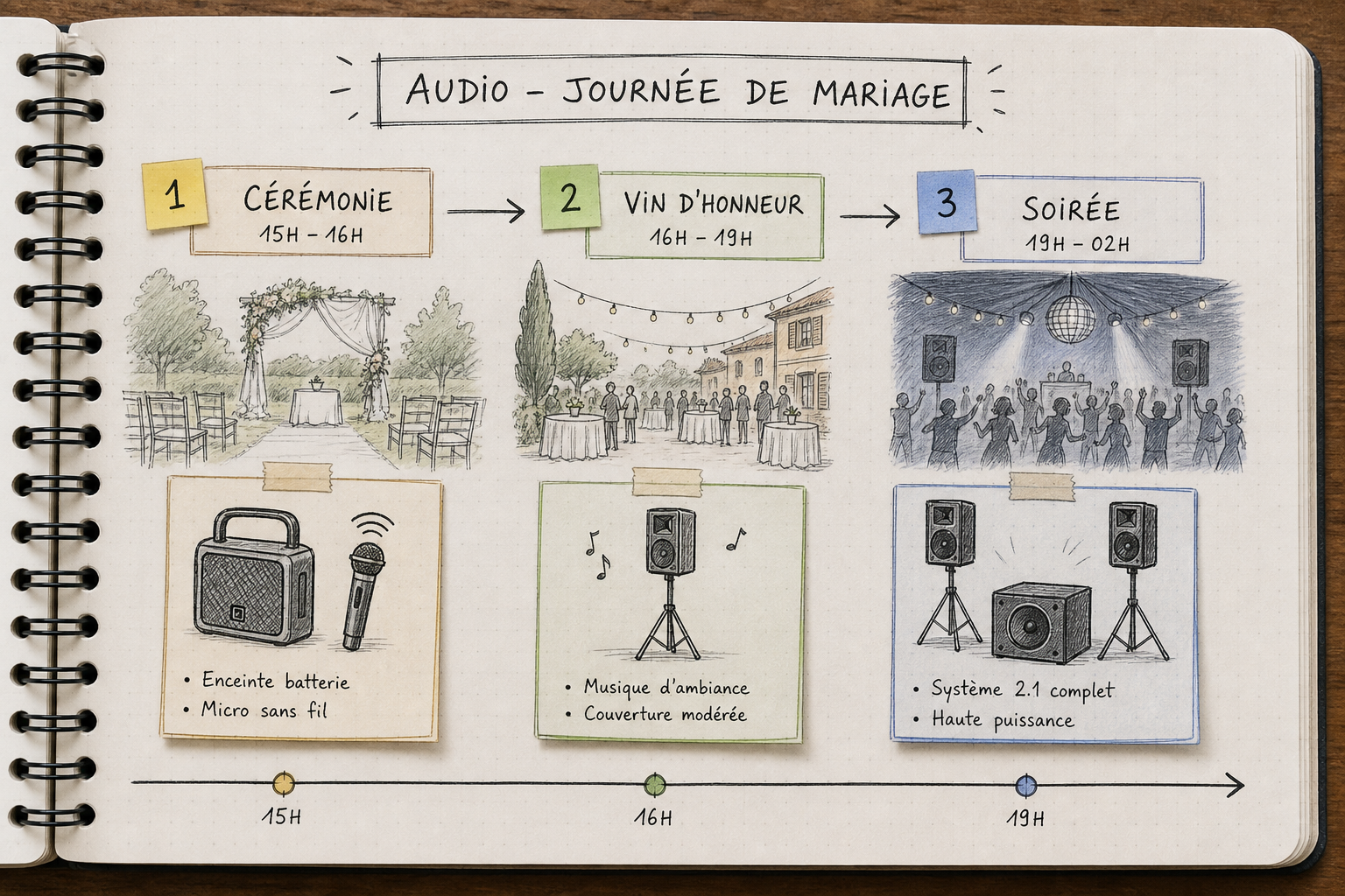 Chronologie des besoins en sonorisation durant la journée de mariage
