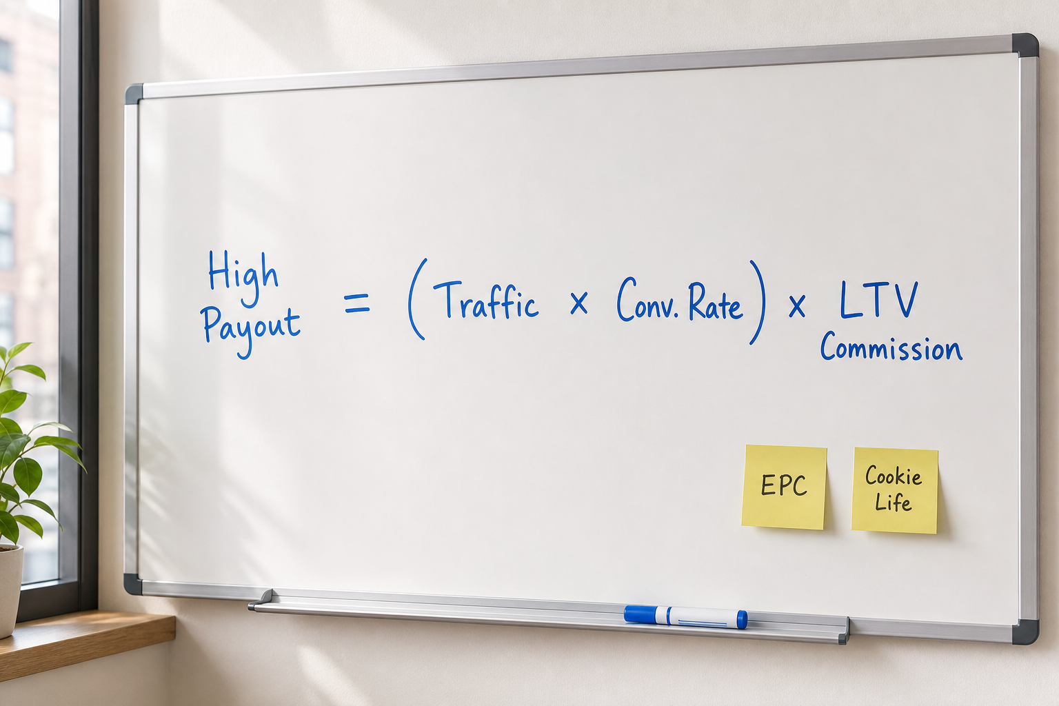 A whiteboard sketch illustrating the affiliate payout evaluation formula including EPC and cookie life.