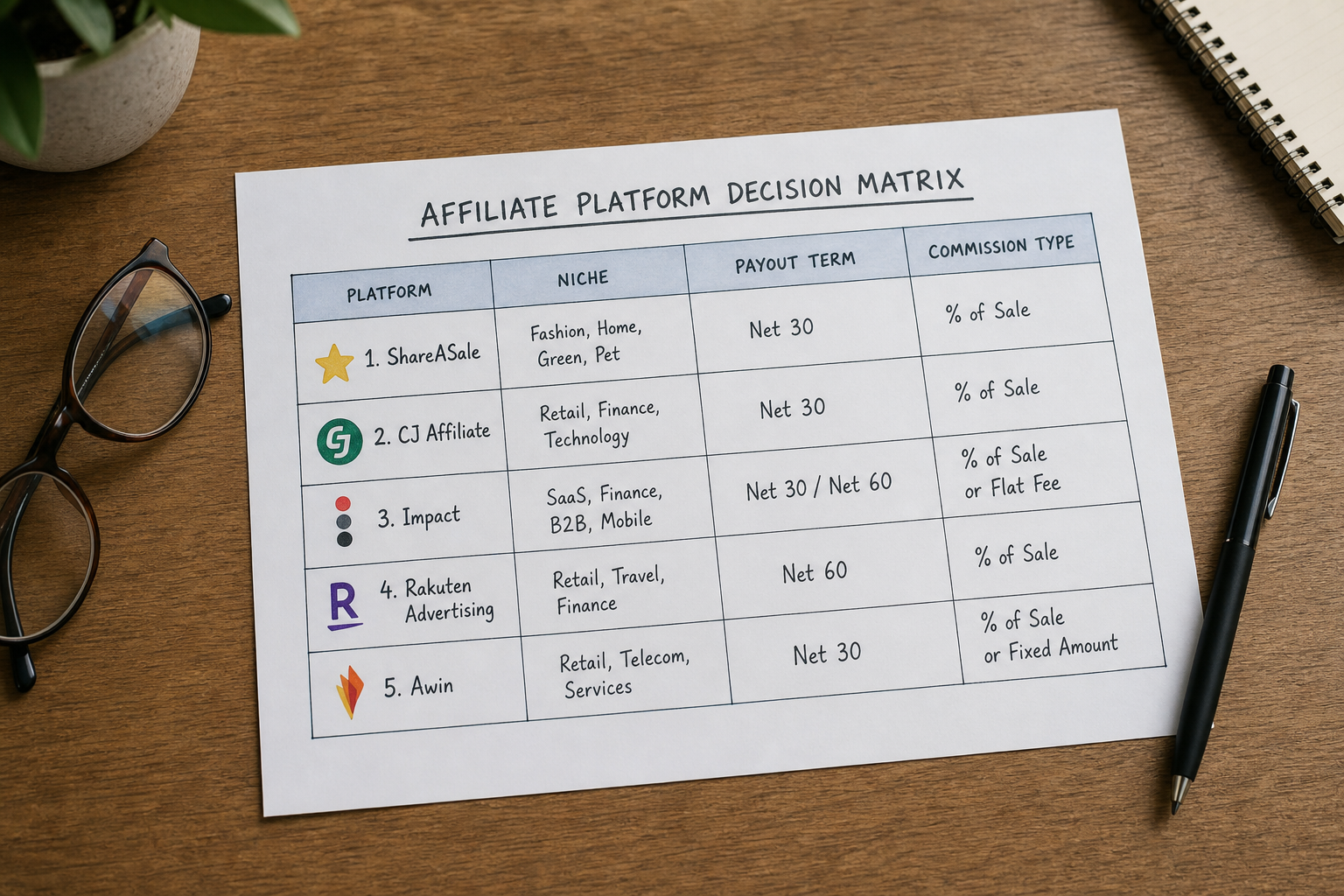 A printed decision matrix on a desk comparing top affiliate network platforms by niche and payout terms.