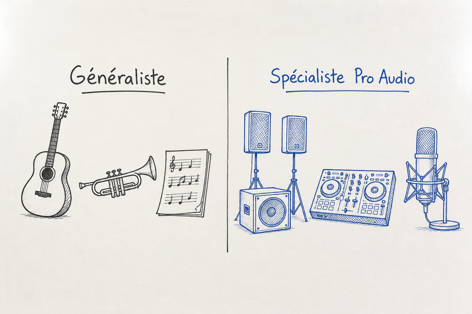 Schéma comparatif entre un catalogue d'instruments généraliste et un catalogue spécialisé Pro Audio