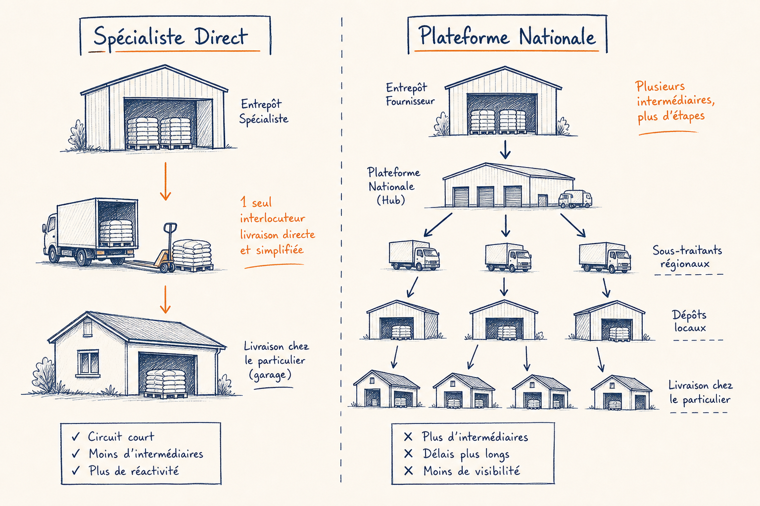 Schéma comparatif entre le modèle de livraison directe d'un spécialiste et un réseau d'intermédiation national.