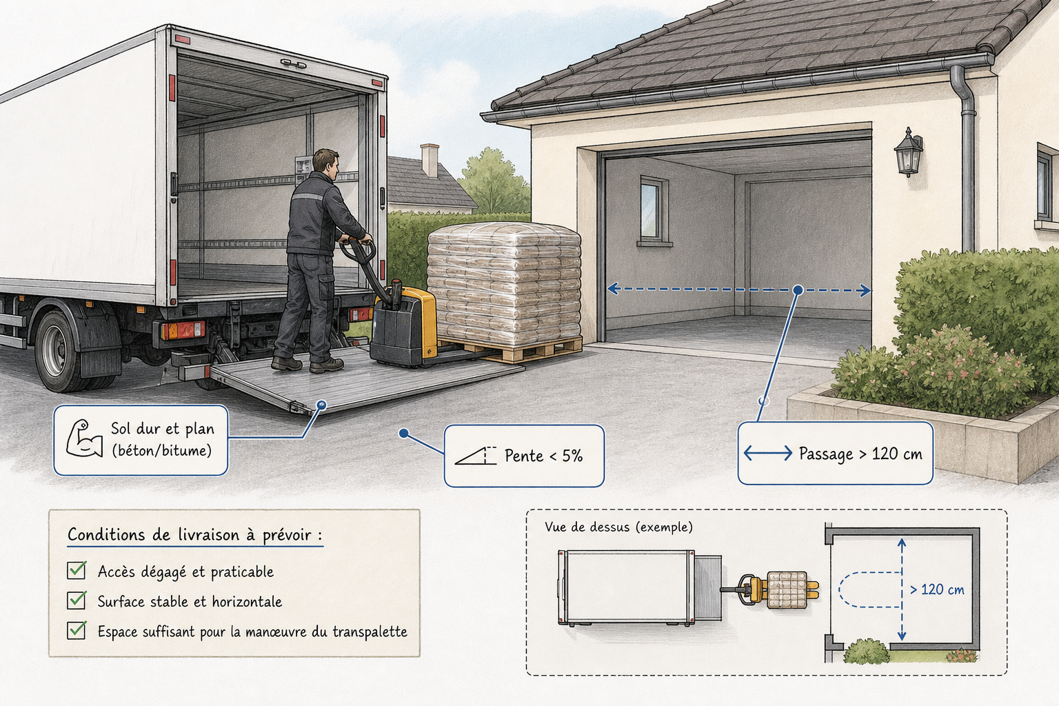 Schéma des conditions d'accès indispensables pour la livraison à domicile d'une palette de granulés.