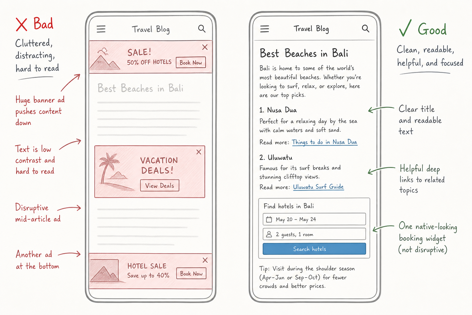 Wireframe comparison showing bad banner ad placement versus good contextual deep linking