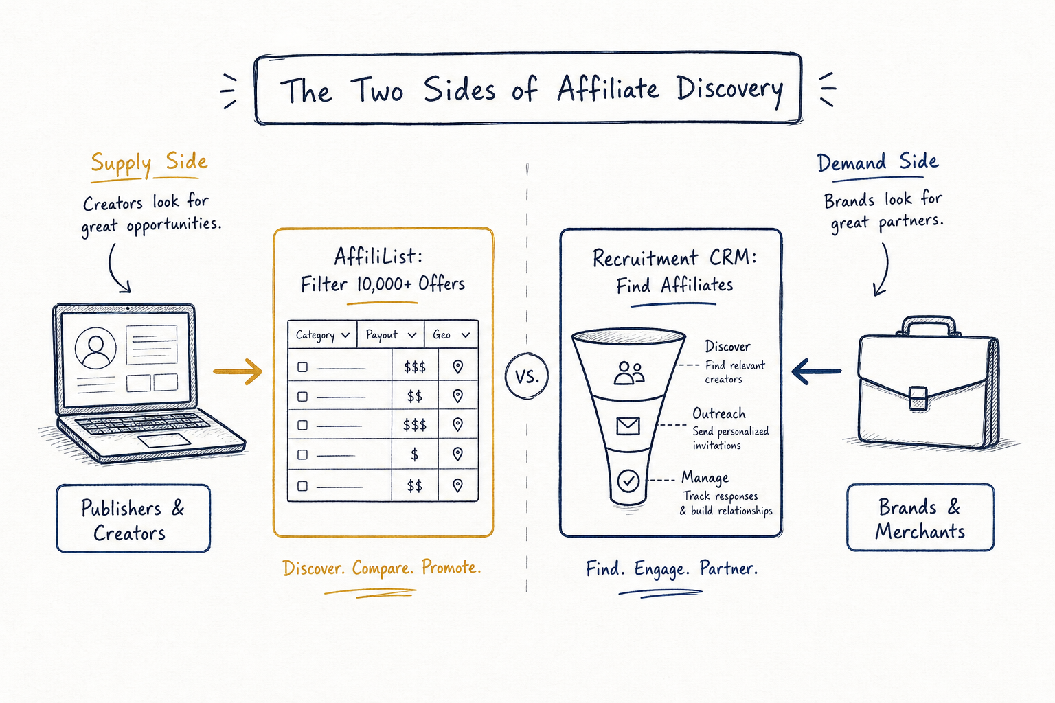 Excalidraw-style diagram comparing publisher offer discovery against merchant affiliate recruitment workflows.