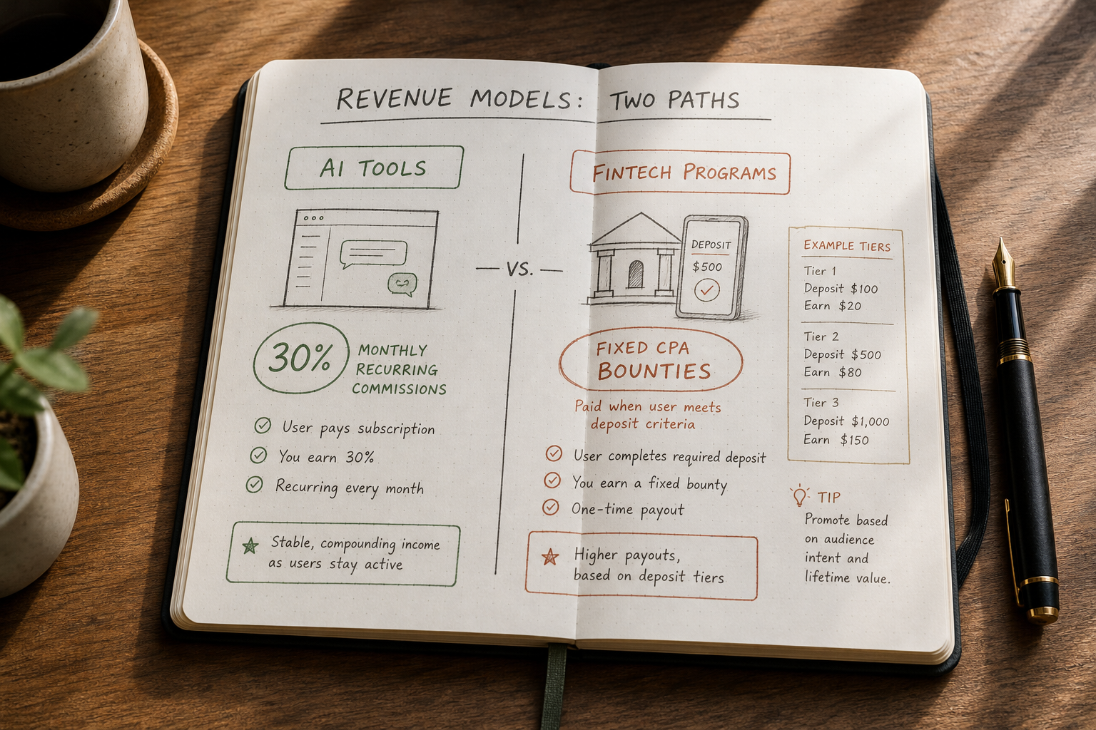 Notebook sketch comparing affiliate program terms between high-velocity AI tools and high-bounty Fintech offers.