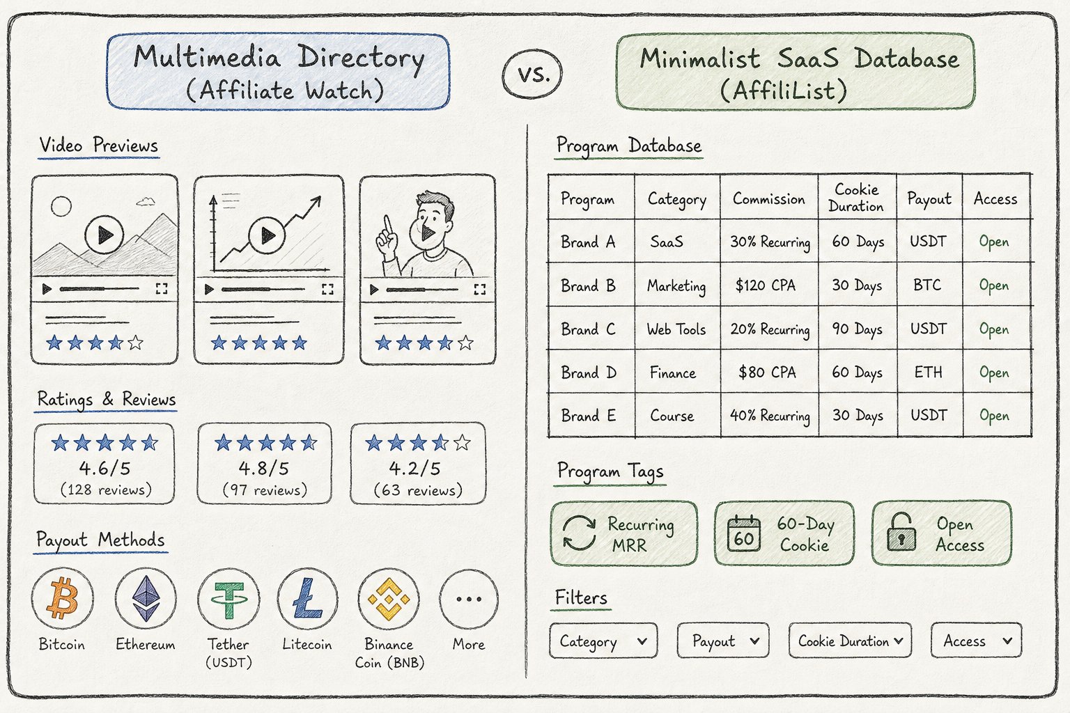 Sketch-style comparison diagram showing features of Affiliate Watch versus AffiliList directories.