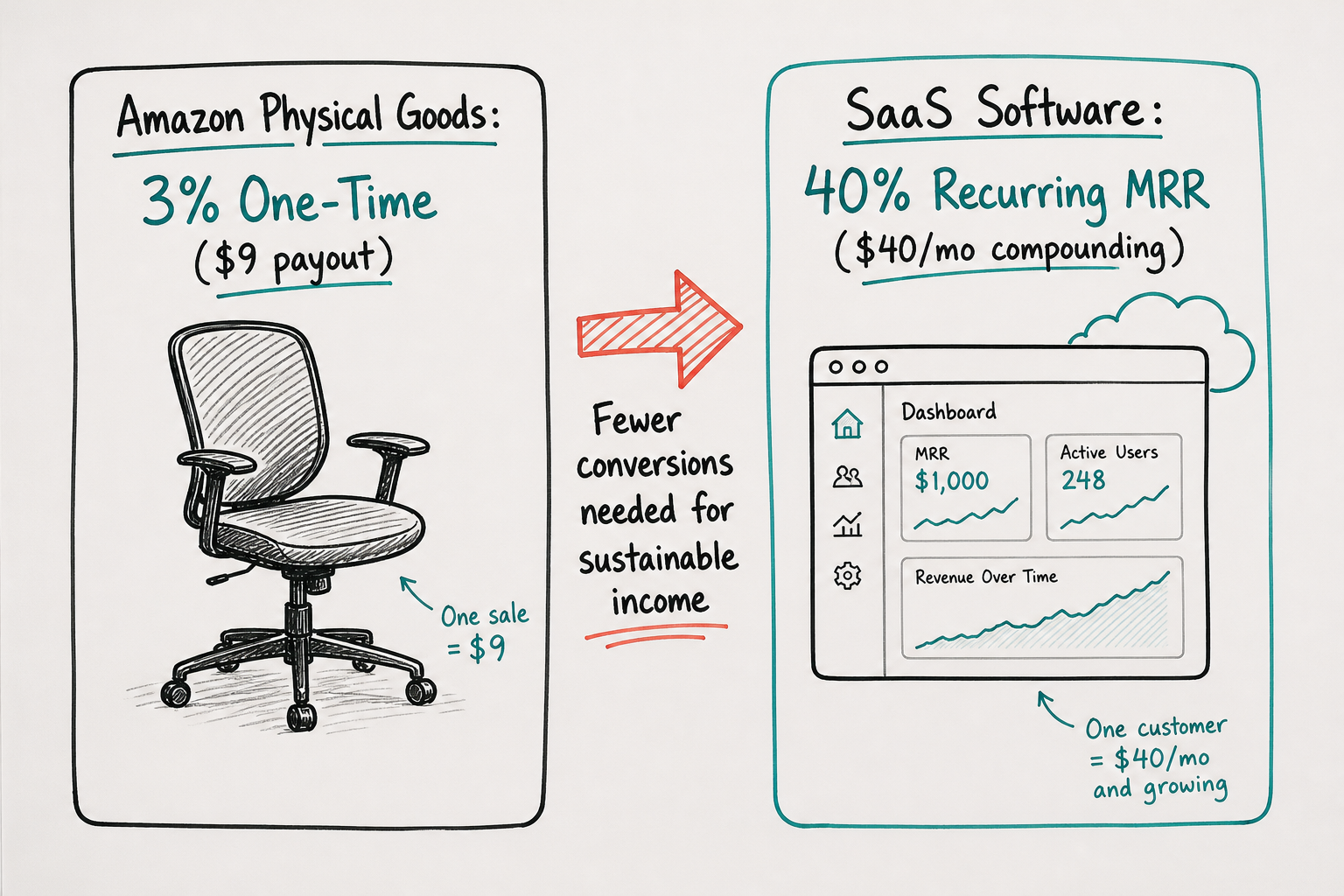 Hand-drawn whiteboard chart contrasting low one-time physical commissions against compounding SaaS recurring revenue.