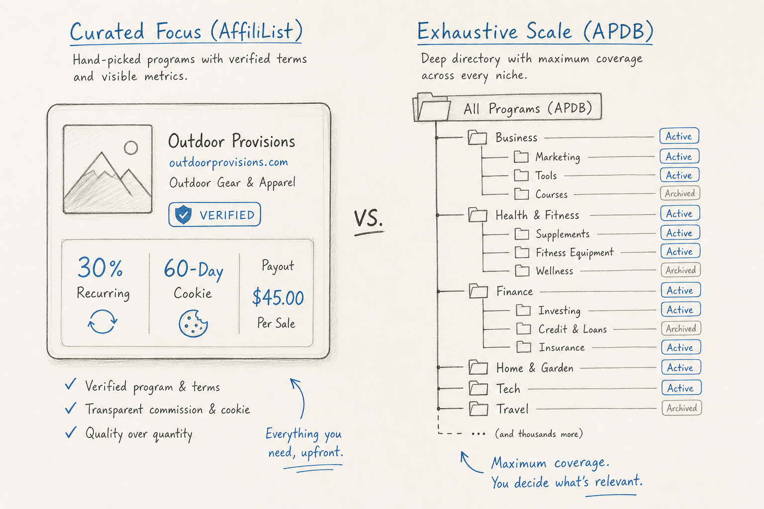 Whiteboard diagram contrasting curated SaaS affiliate metrics with an exhaustive directory category tree.