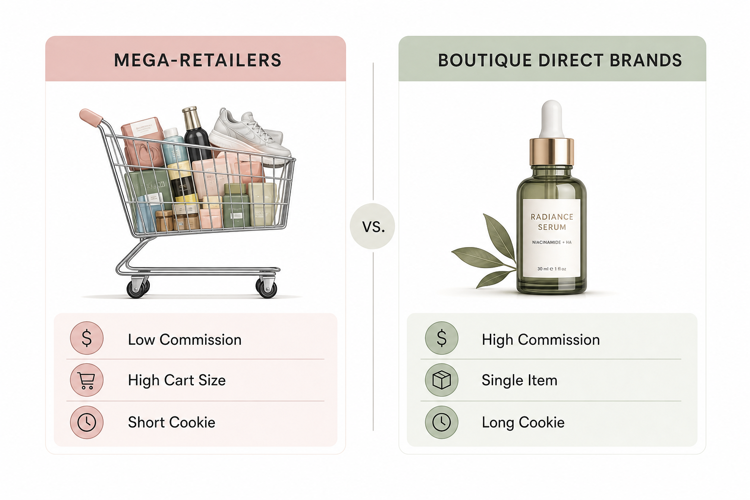 Comparison matrix showing the pros and cons of beauty mega-retailer affiliate programs versus direct boutique brand programs.