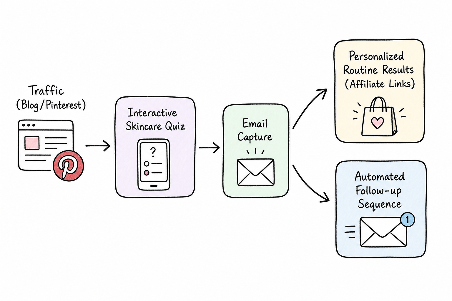 Flowchart diagram illustrating how to use an interactive beauty quiz to capture emails and drive affiliate sales.