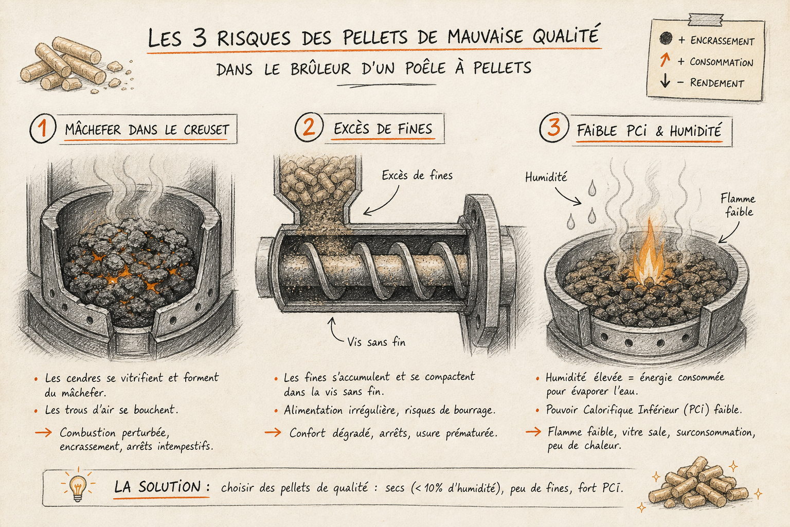 Schéma technique des problèmes causés par un granulé non certifié : mâchefer, poussière et faible rendement.