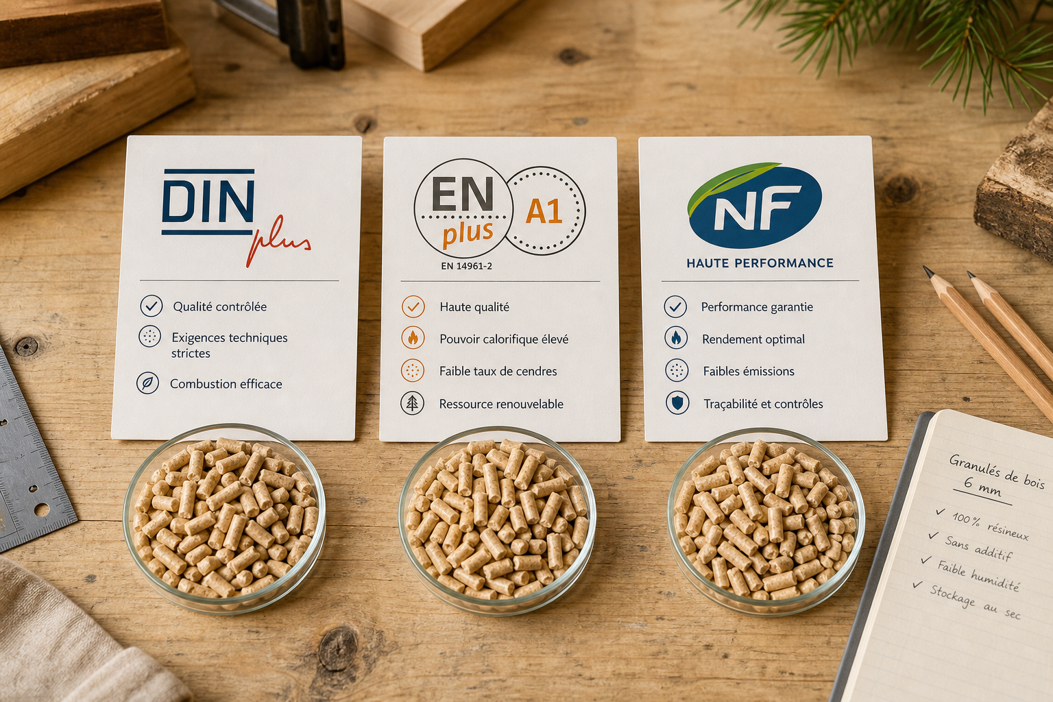 Échantillons de granulés de bois premium aux côtés des labels DINplus, ENplus A1 et NF.
