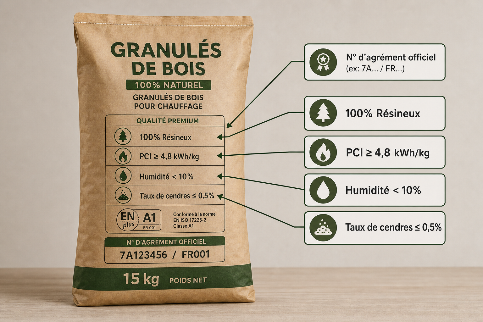 Guide d'analyse des critères techniques et mentions officielles sur l'étiquette d'un sac de granulés de bois.