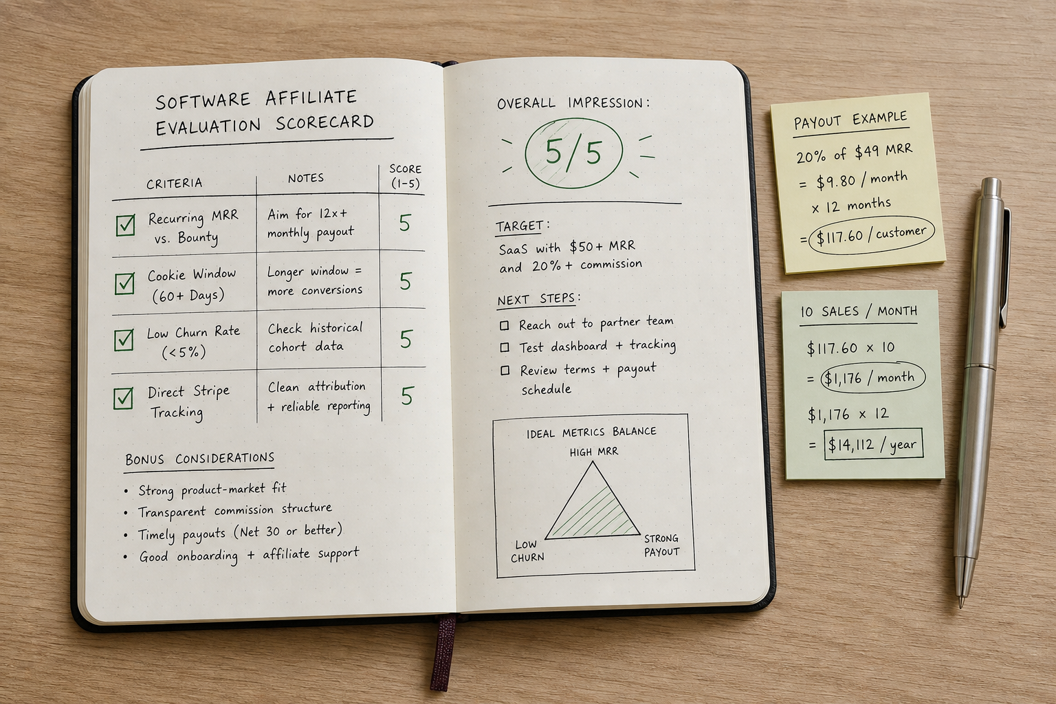 Field notebook checklist illustrating criteria for evaluating software and SaaS affiliate programs.