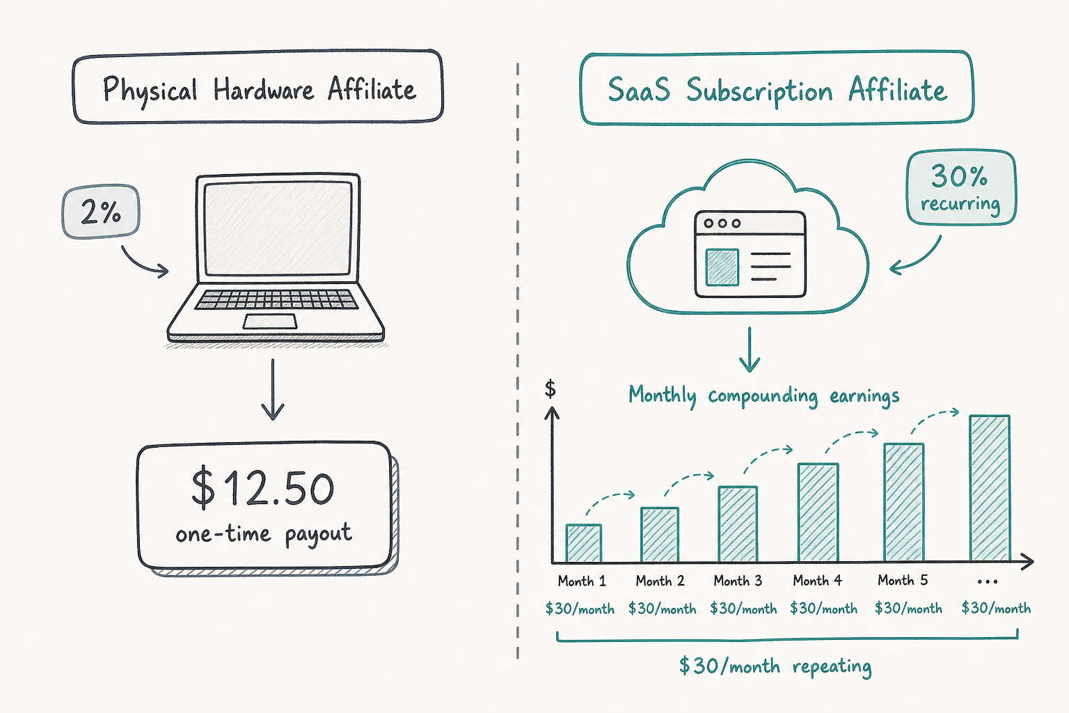 Diagram comparing physical hardware one-time affiliate payout with recurring SaaS subscription revenue