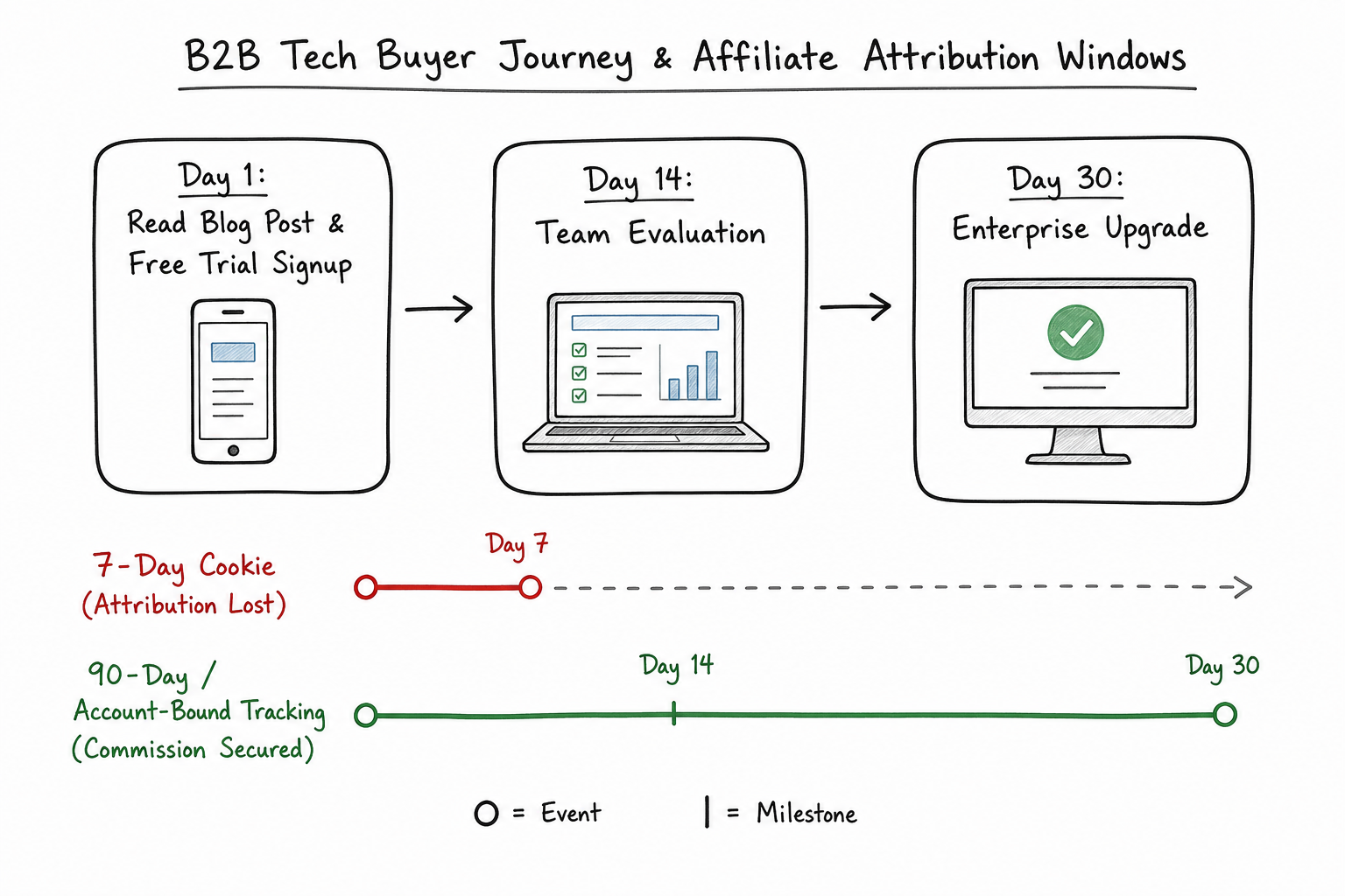Flowchart demonstrating how extended cookie windows capture long B2B software evaluation cycles