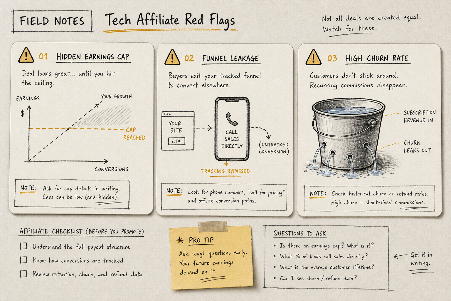 Infographic highlighting three major red flags in software affiliate partnerships: caps, funnel leakage, and high churn