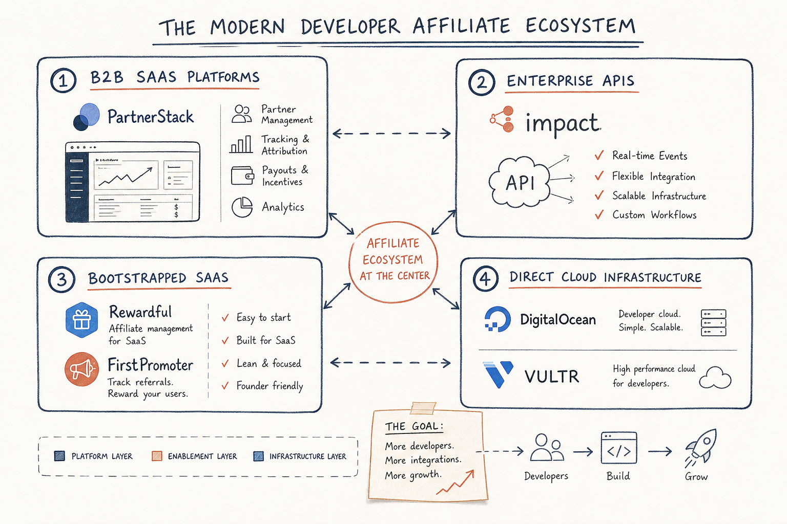 Whiteboard diagram mapping modern developer affiliate platforms including PartnerStack, Impact, Rewardful, and direct cloud p