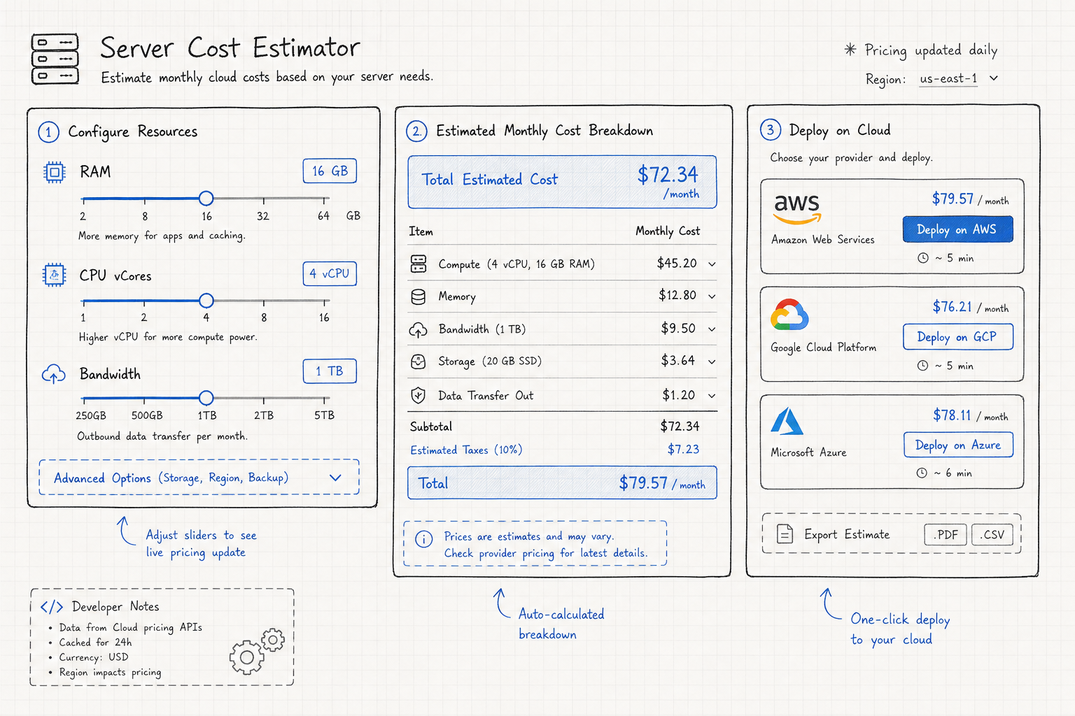 UI wireframe blueprint of an interactive cloud cost calculator designed for developer affiliate monetization.