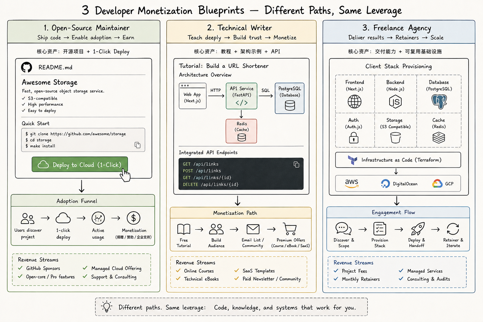 Workflow diagram comparing monetization models for open-source maintainers, technical tutorial writers, and freelance agency
