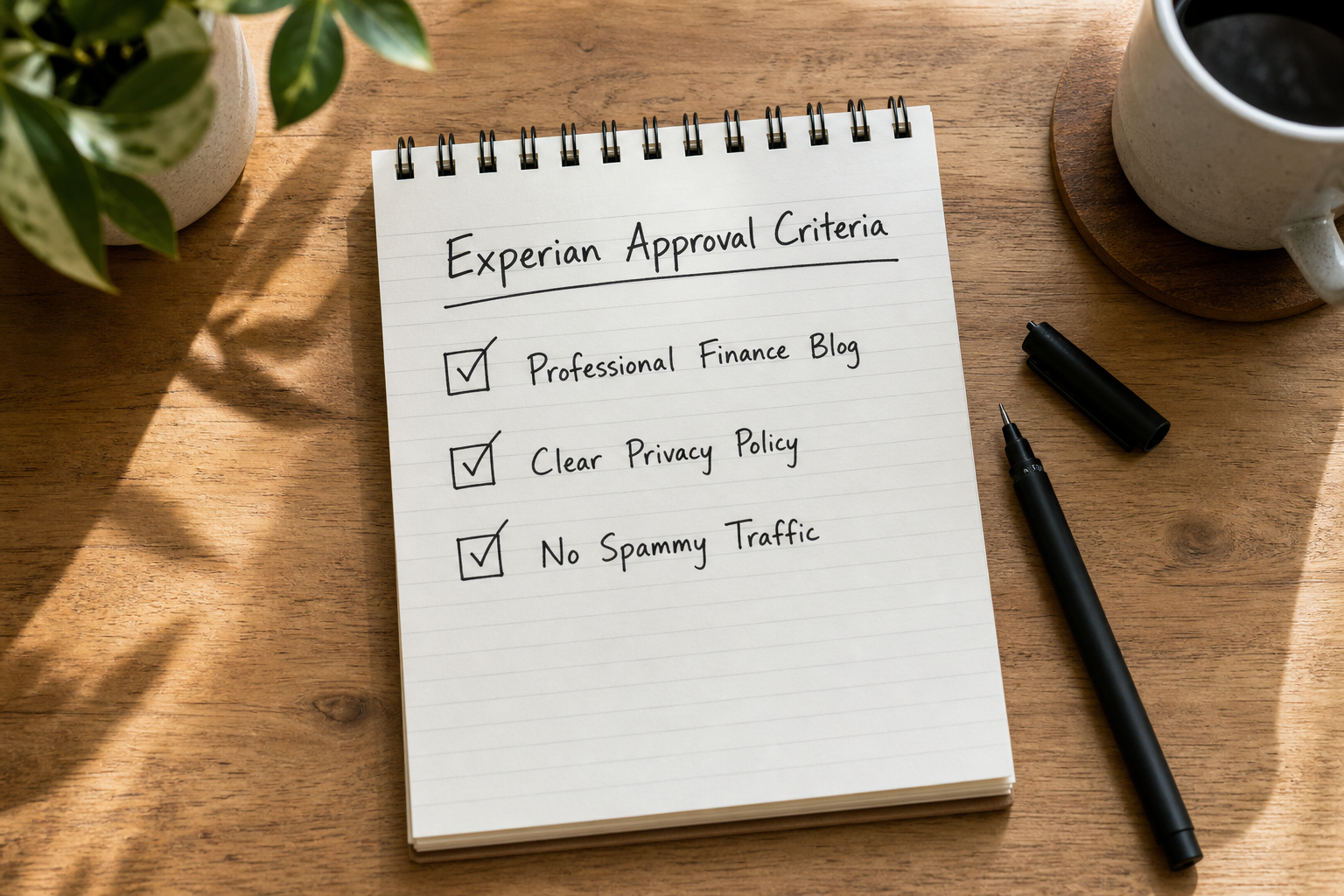 A handwritten checklist detailing the approval criteria for the Experian affiliate program.
