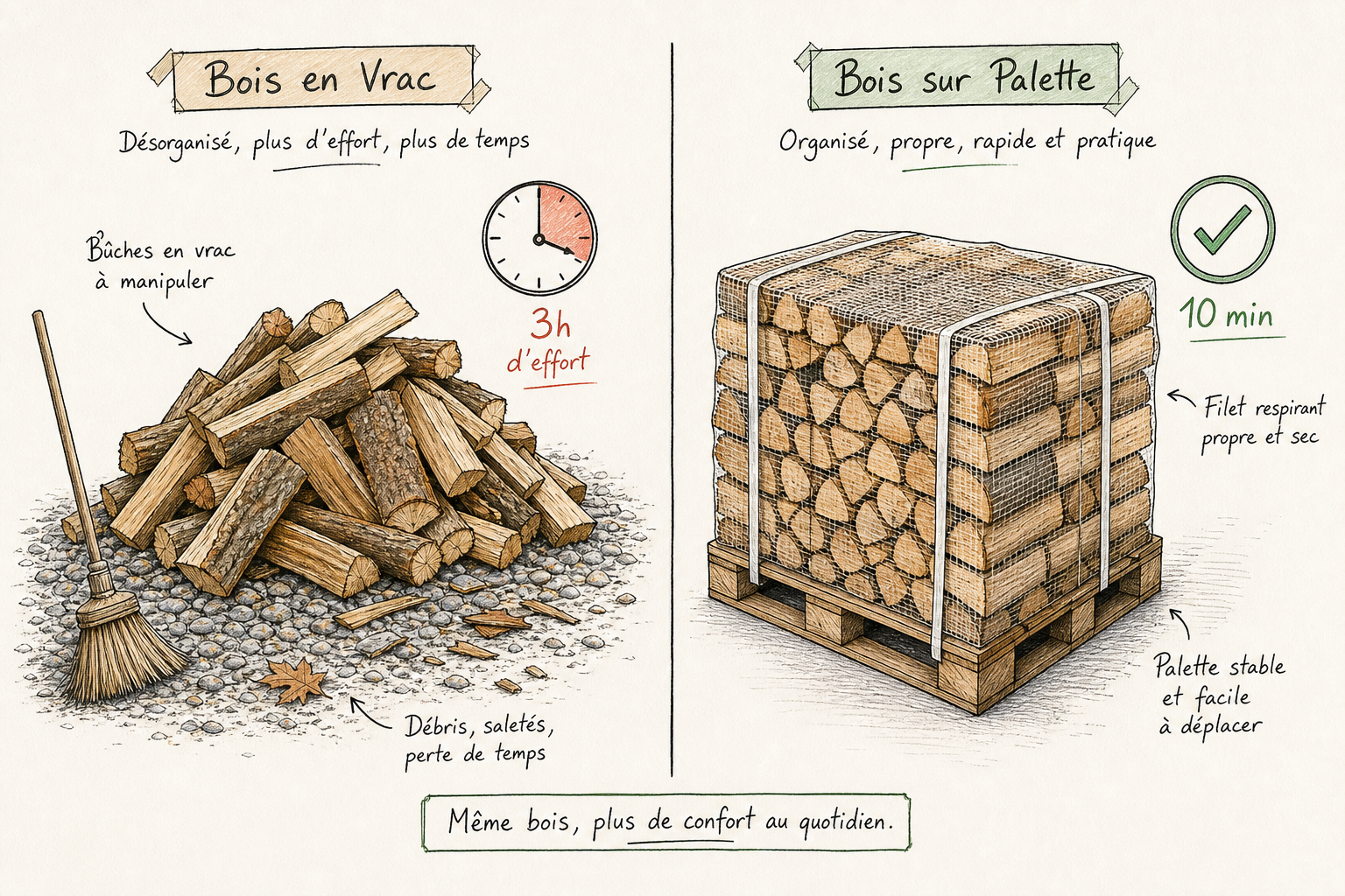 Comparaison visuelle entre la livraison de bois en vrac et la palette de bûches rangées