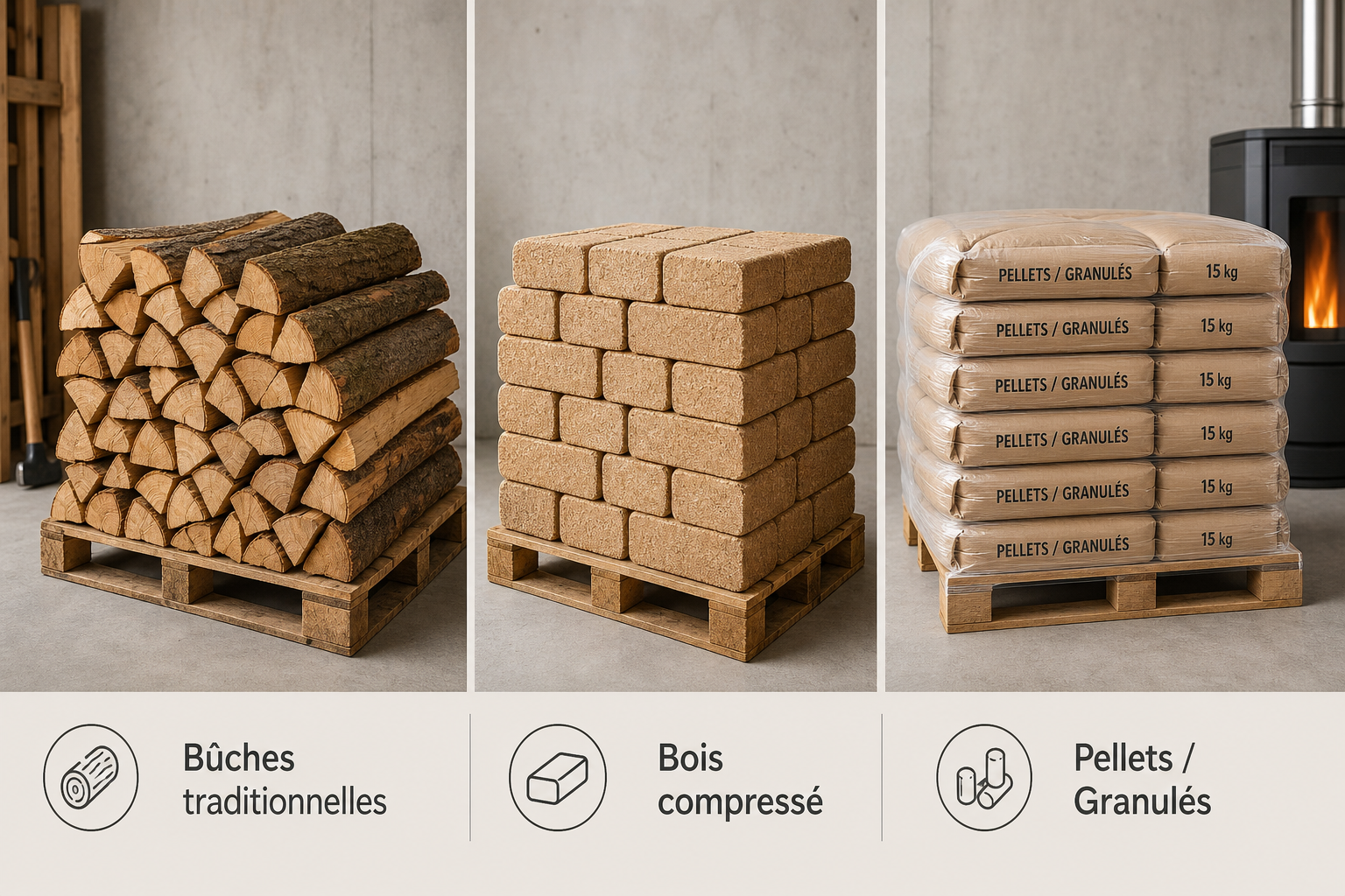 Les trois formats de combustibles sur palette : bûches traditionnelles, bois compressé et granulés de bois