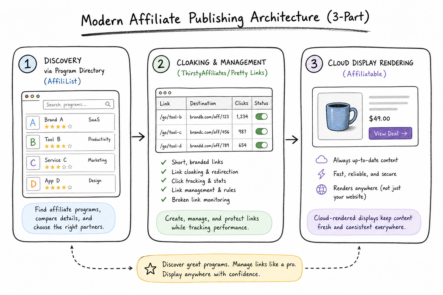Diagram showing three-tier technical stack combining program discovery, link cloaking, and cloud display rendering.
