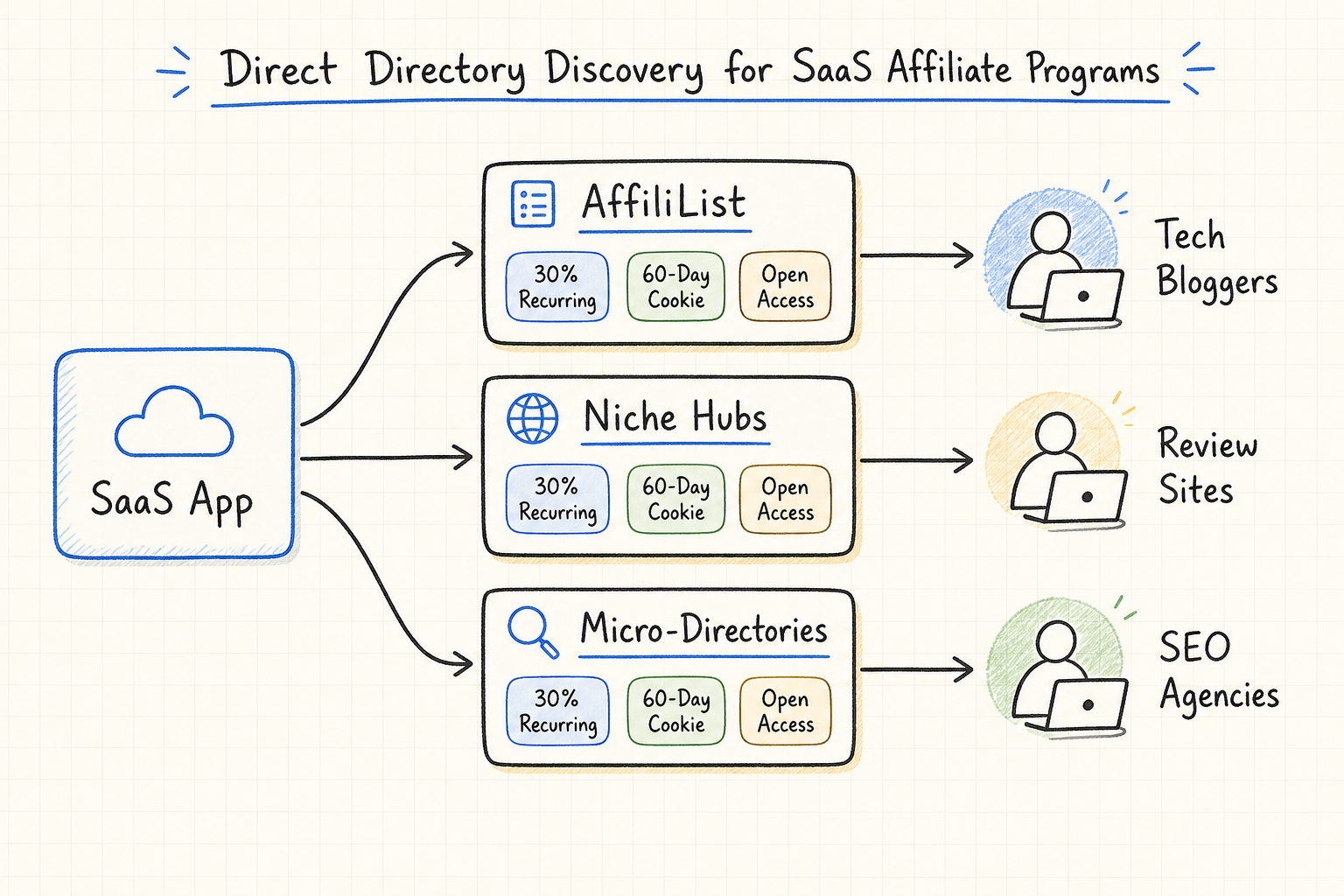 Excalidraw whiteboard diagram showing a SaaS app distributing its affiliate program through curated directories to publishers