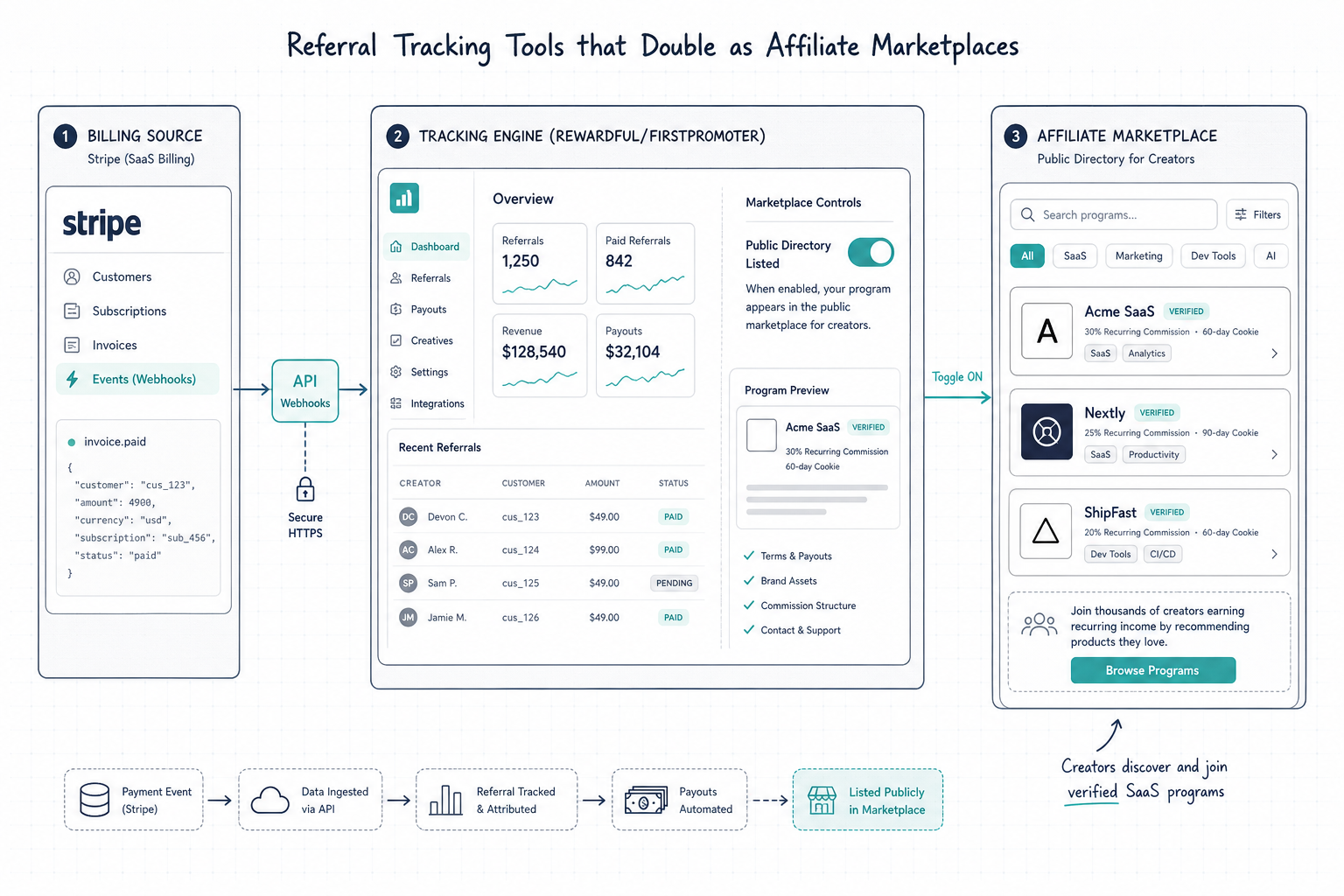 Diagram showing Stripe billing integrated with affiliate tracking software publishing to a public marketplace dashboard.