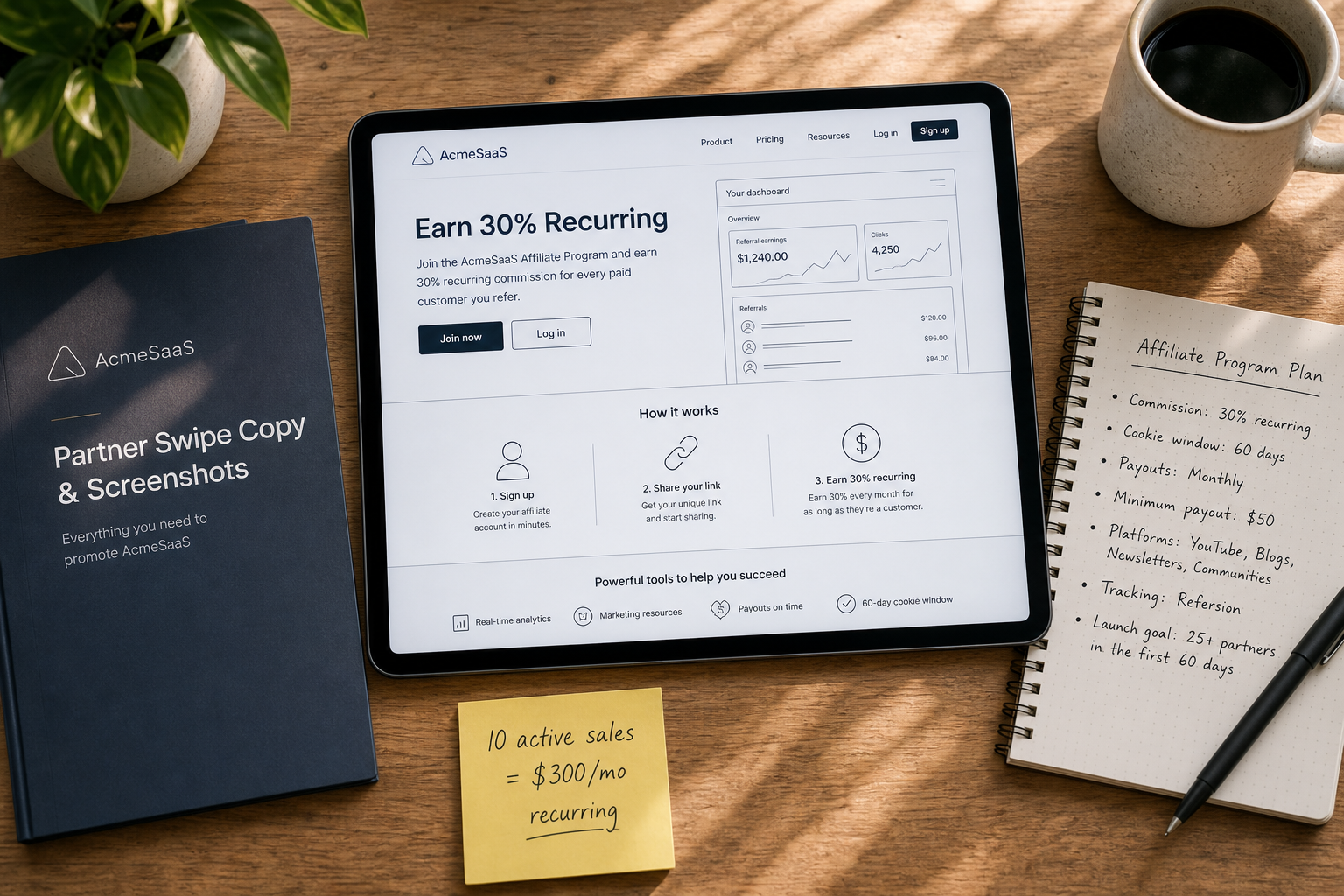 Flatlay desk scene with a tablet displaying a SaaS affiliate page wireframe, sticky notes on commission math, and marketing a