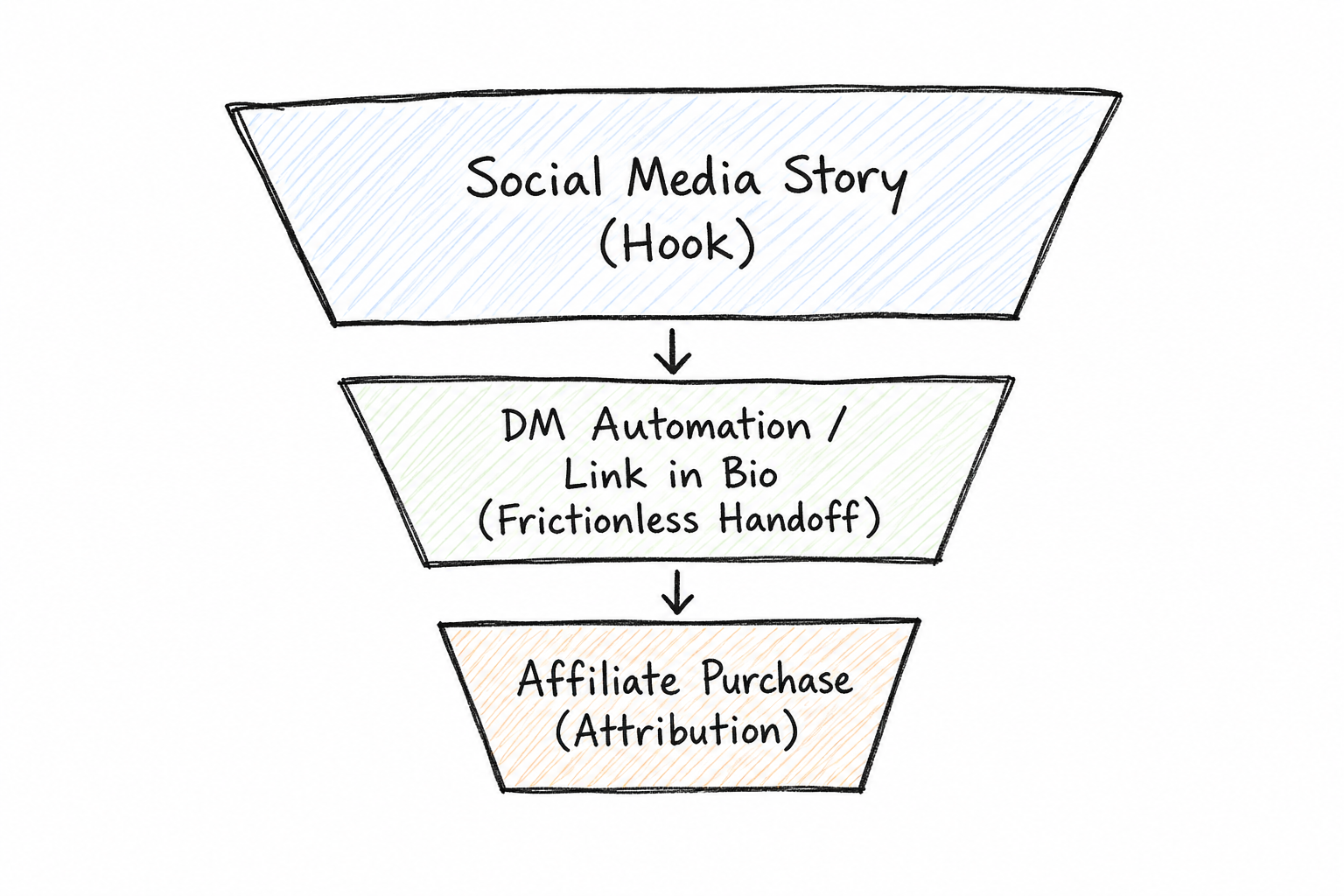 A visual funnel demonstrating how influencers drive traffic from social media posts to successful affiliate conversions.